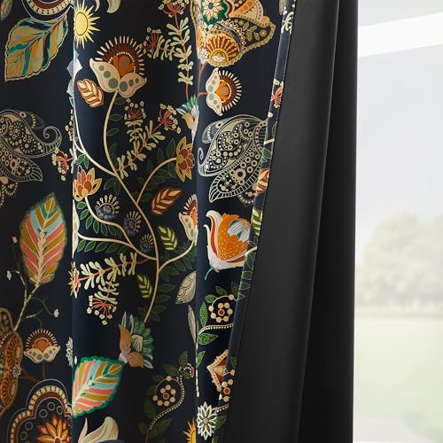 Image of XiDi Navy Blue Blackout Floral Curtains Extra Long 120 Inches Large Window | 2 Panels Grommet Drapes Thermal Insulated Vintage Luxury for Living Room Dining Room Floor to Ceiling 10 FT 52x120