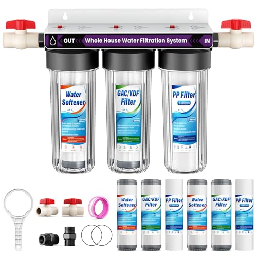 Whole House Water Filter System, 3-Stage Whole Home Water Softener System Highly Reduces Taste,Iron,Scale,Lead,Chlorine, with Heavy Metal and Anti-Scale Filter,3/4' Ports, Extra 1 Year Filter