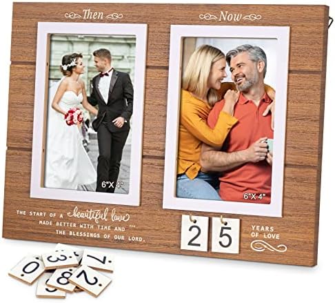 Then & Now Anniversary Picture Frame, 1-99 Years Wedding Gift Ideas,Anniversary Wood Photo Frame, Engagement Bridal Shower Gifts with Sentimental Quote,Holds 2 4×6 Inches Photos (Then & Now Wedding)