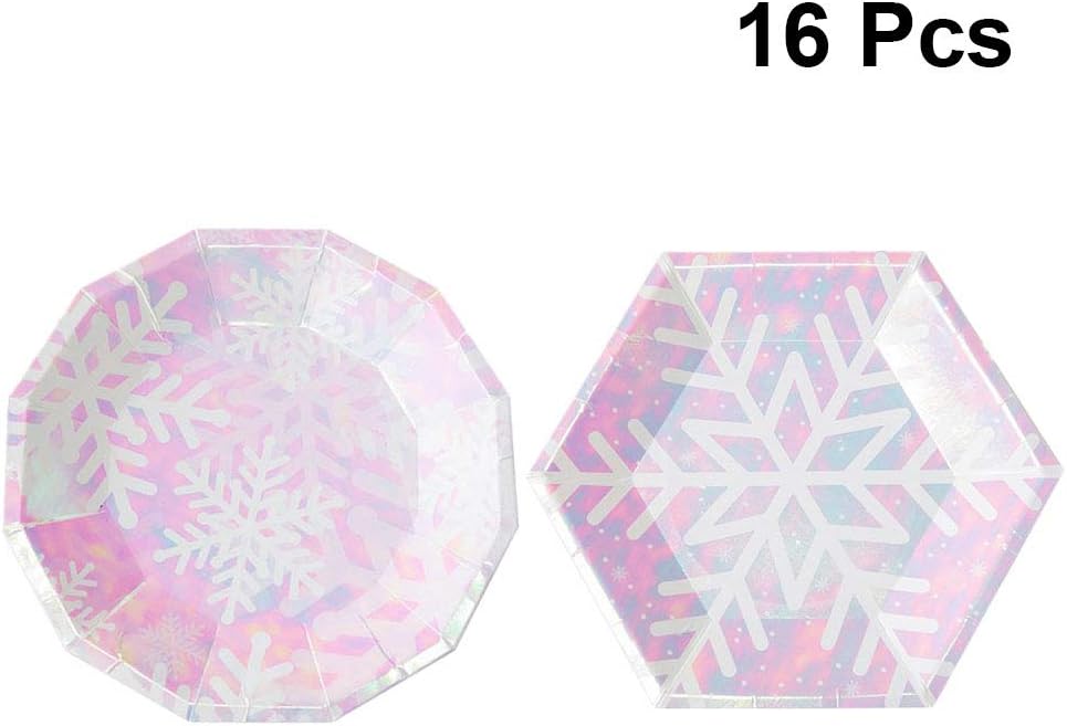 16 Pcs Christmas Snowflake Plates Snowflake Disposable Plates Christmas Tableware Supplies (9 IN Hexagon and Dodecagon)