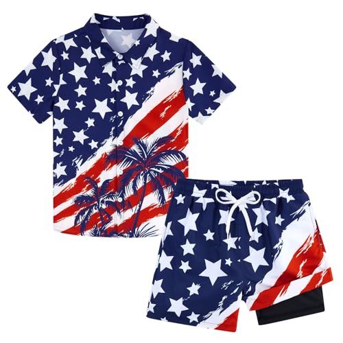 Image of UNICOMIDEA Boys 4th of July Outfits Kids Patriotic Independence Day Tropical Short Sets for 5-12 Years