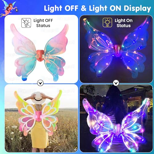 Image of Kidology Electric Butterfly Wings for Girls 3+ Years | LED Light-Up Moving Magical Fairy Wings with Music | Princess Costume Accessory for Halloween, Christmas & Birthday Parties