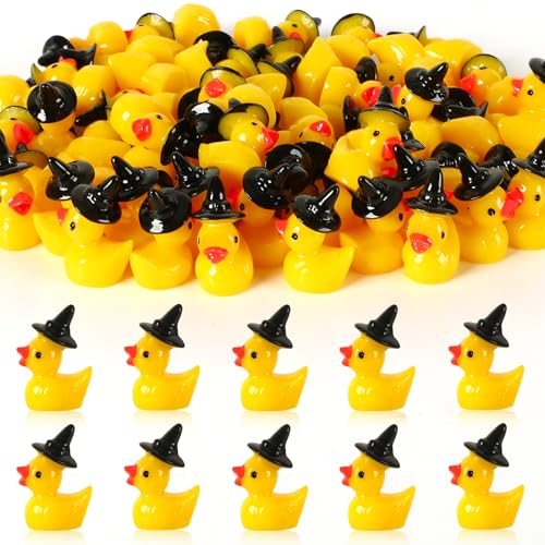 Image of JUNEBRUSHS 50 Pcs Halloween Mini Resin Duck, Tiny Witch Ducks Miniature Witch Hat Duck Figurine for Halloween Crafts Home Table Decorations