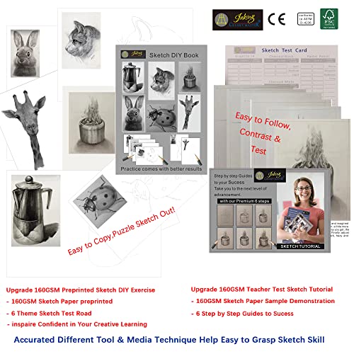 Jaking Creart Master 64 Pc Drawing Set,Sketch Kit,Pro Art Supplies|Quality Graphite,Charcoal,Pastel Pencil/Stick,Highlight Pencil,4 Willow Stick|5 Type-65 Sheets+6 Diy Sketch Paper,Tutorial|Rpet Case #TOP4