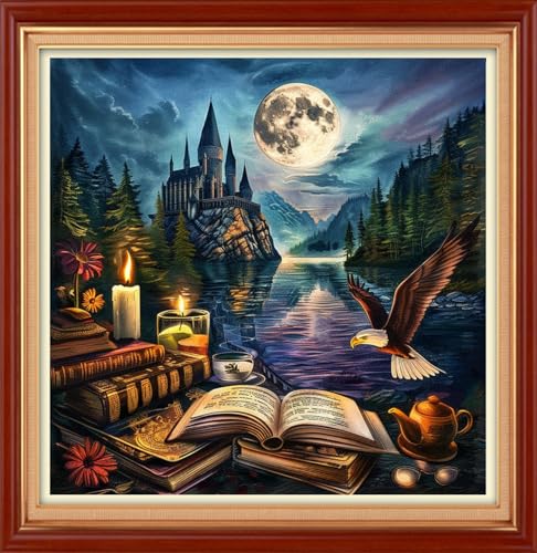 Image of Joyhoor Cross Stitch Kits for Beginners Stamped Cross-Stitch Supplies Needlework preprint Embroidery Kits for Adults DIY Needlepoint Kit Embroidery Patterns 11CT-Moon Night Castle Eagle 18x18 inch
