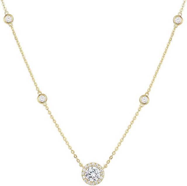 Agvana 925 Sterling Silver Necklace for Women, White/Yellow Gold Plated Round Teardrop Heart Cubic Zirconia Halo Pendant Station Necklace Fine Jewellery for Women Girls, 16+2 Inch