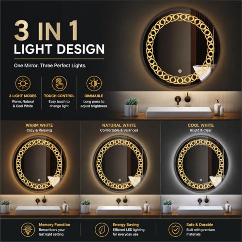 Image of LED Bathroom Wall Mirror with Decorative 3 Light Design | Touch Sensor | Warm | Natural and Cool White | for Wash Basin | Bedroom | Dressing Area Decoration (Round, 24x24)