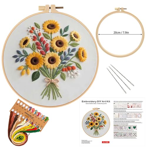 Image of Sunflower Embroidery Kit for Beginners - All in One DIY Cross Stitch Starter with Hoop, Pre-Printed Fabric, Embroidery Threads, Needles,Perfect Craft Gift for & Home Decor