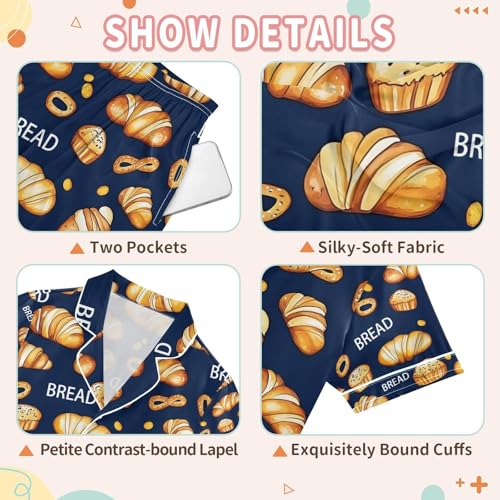 senya Dark Background Bread A Satin Summer Pajama Sets Silk Short Sleeve Button Down Sleepwear3