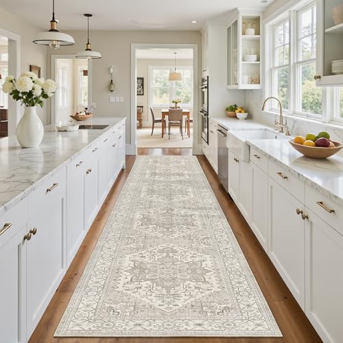 Madane Hallway Runner Rug 2x12, Long Washable Runner Rugs 12ft with Rubber Backing, Non Slip Carpet Runner, Vintage Rug Runners for Kitchen Laundry Room Entryway (Beige/Brown, 2'x12')