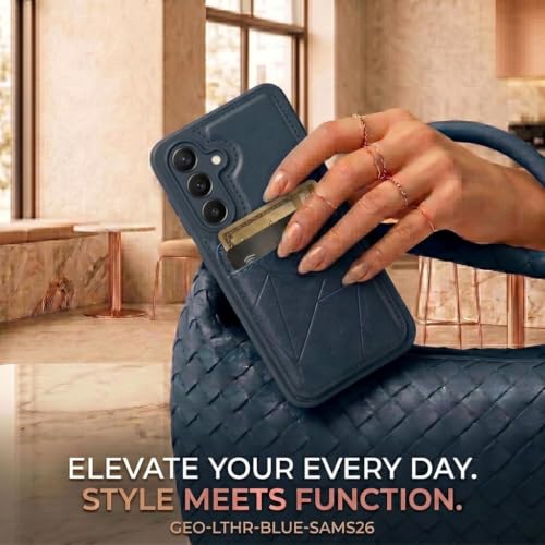 Image of amazon basics Premium Vegan Leather Back Cover with Card Holder and Integrated Mobile Stand for Samsung Galaxy S26 5G - Slim Shockproof Wallet Case with Geometric Stitching [Blue]