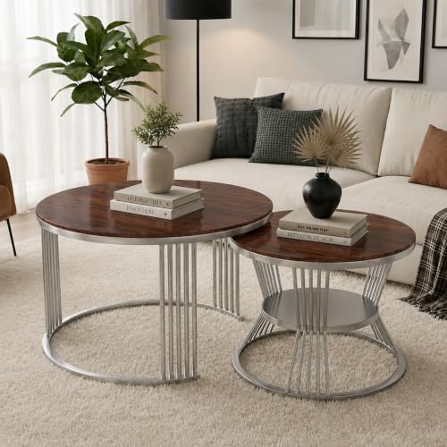 Image of Brown Art SHOPPEE Round Coffee Table Home Decor Furniture Coffee Table Sets,2 Piece MDF Top,Stacking Nesting Table with Iron Frame for Living Room Living Room or Lounge (Silver Brown)