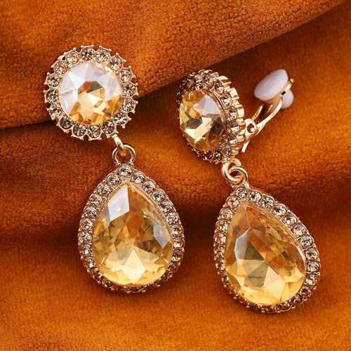 Elegant Crystal Teardrop Dangle Drop Clip on Earrings for Women (Champagne) - image 3