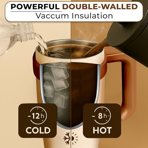 Image of Insulated Tumbler with Straw Lid and Handle (1200 ML) Double Wall Sipper Water Bottle for Adults, Tumbler Bottle with Straw (Almond Quartz, 1200 ML, with Panda Straw Coverr)