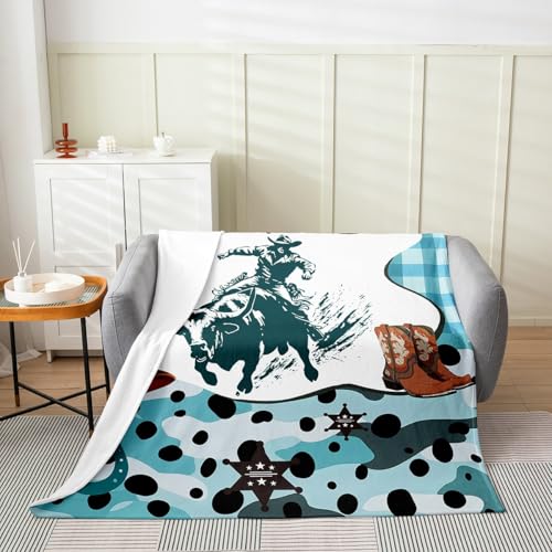 Erosebridal Western Throw Blanket,Cowboy Hat Blanket Throw 50x60,Cowboy Boots Fleece Blanket,Teal Camo Buffalo Plaid Flannel Blanket Farm Animals Bull Western Decor