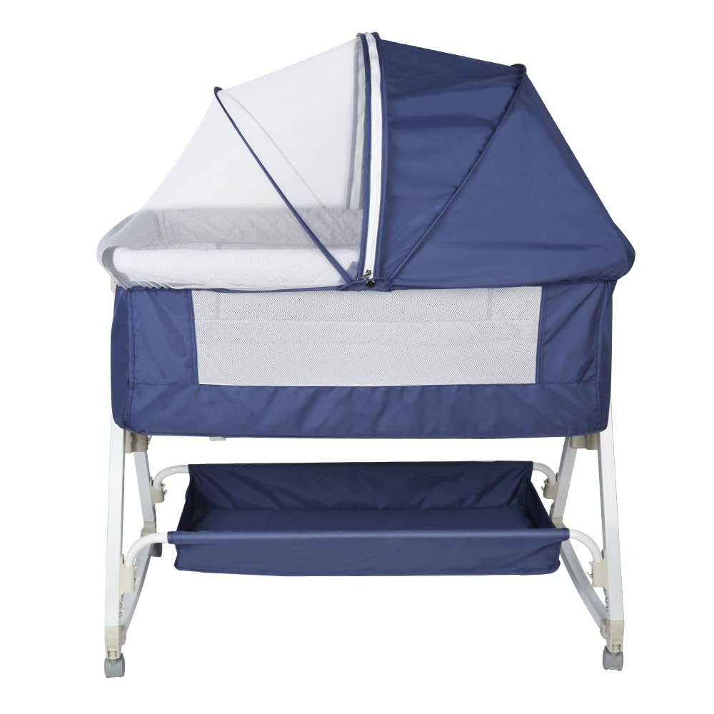 Cuna 3 en 1 de Viaje con Ruedas y colchón,Cuna colecho pórtatil Regulable en Altura a 5 velocidades, Cuna con Bolsillo Lateral de Transporte, para Bebés de 0-5 Meses (95x50x98 - 110cm (azul azafrán))