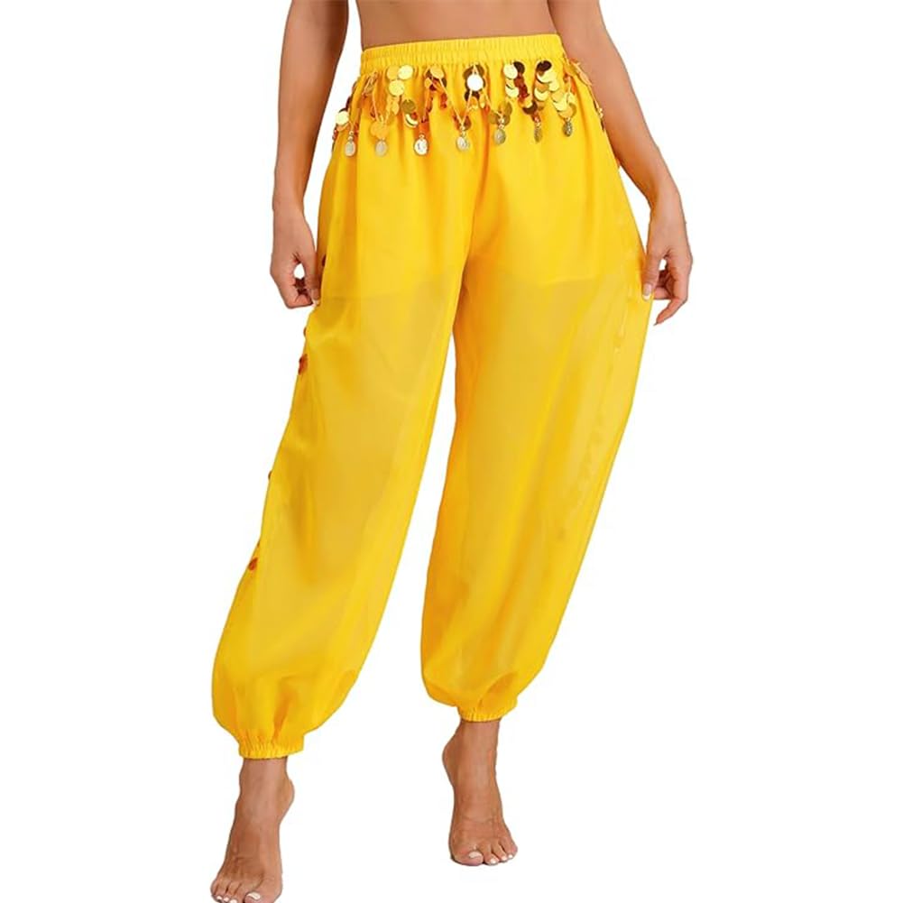 Leemiman Women's Yellow Belly Dance Costume Harem Pants Indian Dance Trousers Bollywood Hanging Coin Sequins Lantern Pants Chiffon (Yellow)