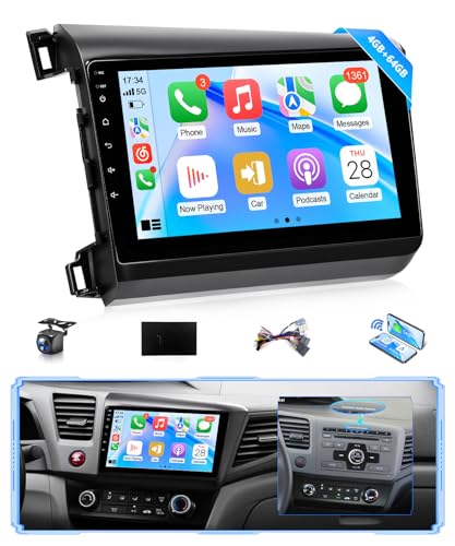 Wadpon 8Core 4G + 64G Android Car Stereo for Honda Civic 2012 to 2015 Apple CarPlay Android Auto 9IN IPS Touch Screen for Civic Car Play Unit with GPS Navi BT FM RDS DSP HiFi 5G WiFi SWC MIC Camere