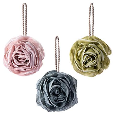 Pincy 3-Pack Soft Mesh Poufs - Rose Flower Shape Shower Puff Loofah, Exfoliating Bath Sponge Scrubber Ball, 3 Colors Suitable for All Family Cover