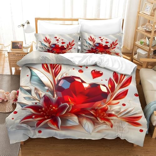 3D, Imprimé Romantic Heart—Digital Art Style Parure De Lit Microfibre Super Douce Et Respirante Housse De Couette 3 Pièces avec Taies d'oreiller...