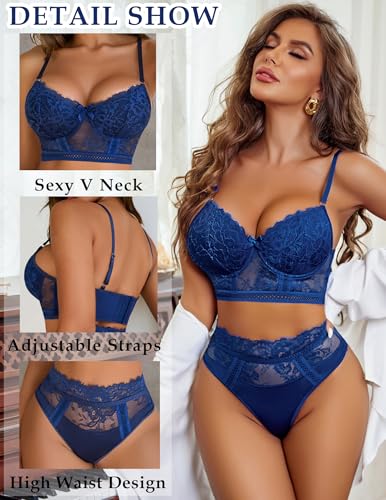 Image of Avidlove Lingerie Sets for Women Bra and High Waist Panty Set 2 Piece Lace Babydoll Outfits Navy Blue XL