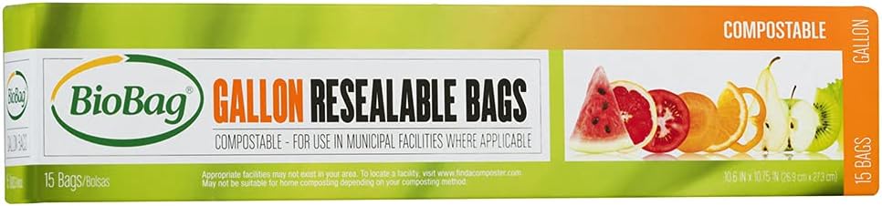 BioBag 100% Certified Compostable Resealable Food Storage Bags, 180 Count, Gallon, Perfect for Refrigerator or Freezer