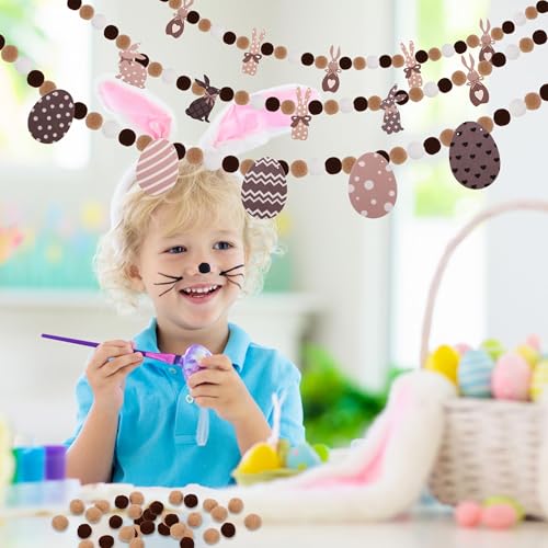 Image of 3 Pcs Easter Day Brown Bunny Felt Banner Colorful Bunny Felt Banner Pom Pom Egg Ball Garland Easter Day Rabbits Pompom Hanging Garland for Home Party Favors