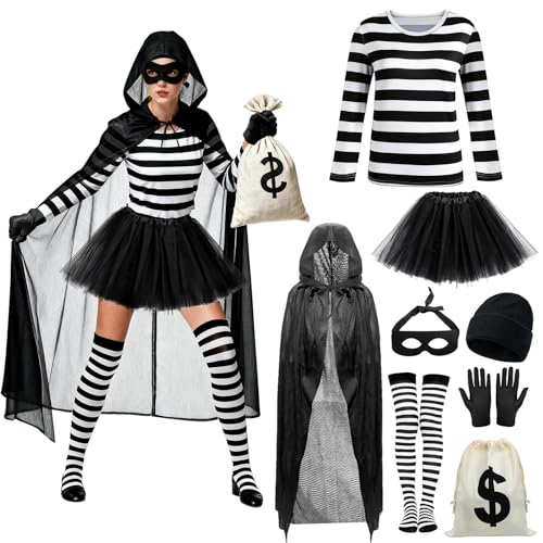 WJMY Disfraz de ladrón de ladrón para mujer, juego de 8 piezas (con capa, sombrero, máscara, camisa, faldas..), disfraz de ladrón para carnaval, Halloween (M)