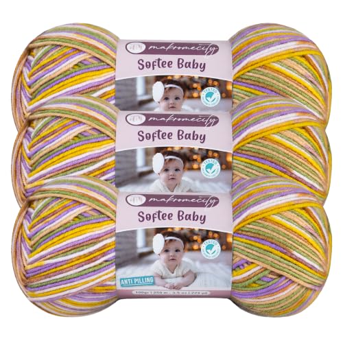 Image of Makromecity Softee Baby Yarn,%100 Premium Anti-Pilling Acrylic, 3.5 Oz, 273 yd (100gr /250 mt), Soft Yarn for Crocheting and Knitting (Meadow Magic, 3 Skeins)