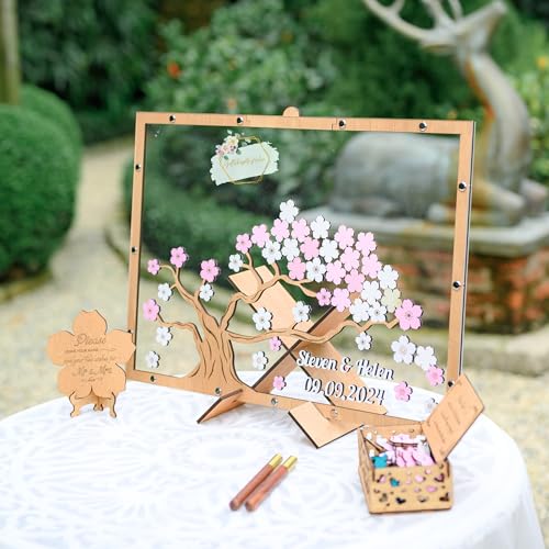 Image of Rustic Fall Maple Tree Wedding Guest Book Alternative with Drop Leaves | Personalized autumn leaf drop box frame with sign-in leaves for custom names and date, rustic fall wedding decor