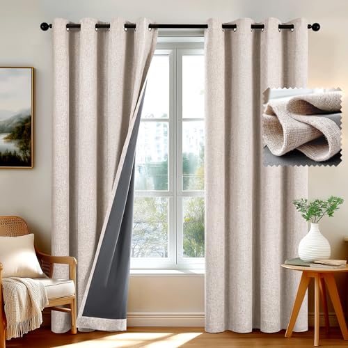 Deconovo 90 Inch Drop 100% Blackout Faux Linen Curtains Thermal Eyelet Curtains for Living Room with TPU Blackout Lining, Linen, W46 x L90 Inch 1 Pair