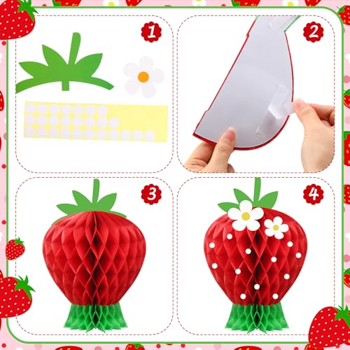 Image of Amyhill 4 Pcs Strawberry Party Decorations Large Strawberry Honeycomb Centerpieces 3D Berry First Table Decor Fruits Paper Honeycomb Decorations for Birthday Summer Shower Party Favor(Red)