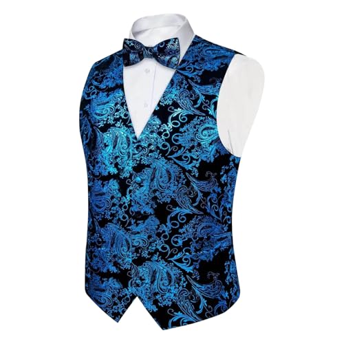 Chaleco de traje para hombre con estampado de cachemira, chaleco tradicional con pajarita, ajuste estrecho, chaleco de boda, de algodón, cómodo, informal, retro, elegante, formal, para el novio, azul