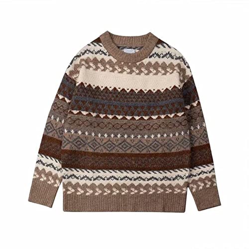 Homisy Sweater For Men Striped Retro,Autumn Winter Vintage Sweater Round Neck Pullover Knitted Blouse Unisex Style Top Coffee #TOP1