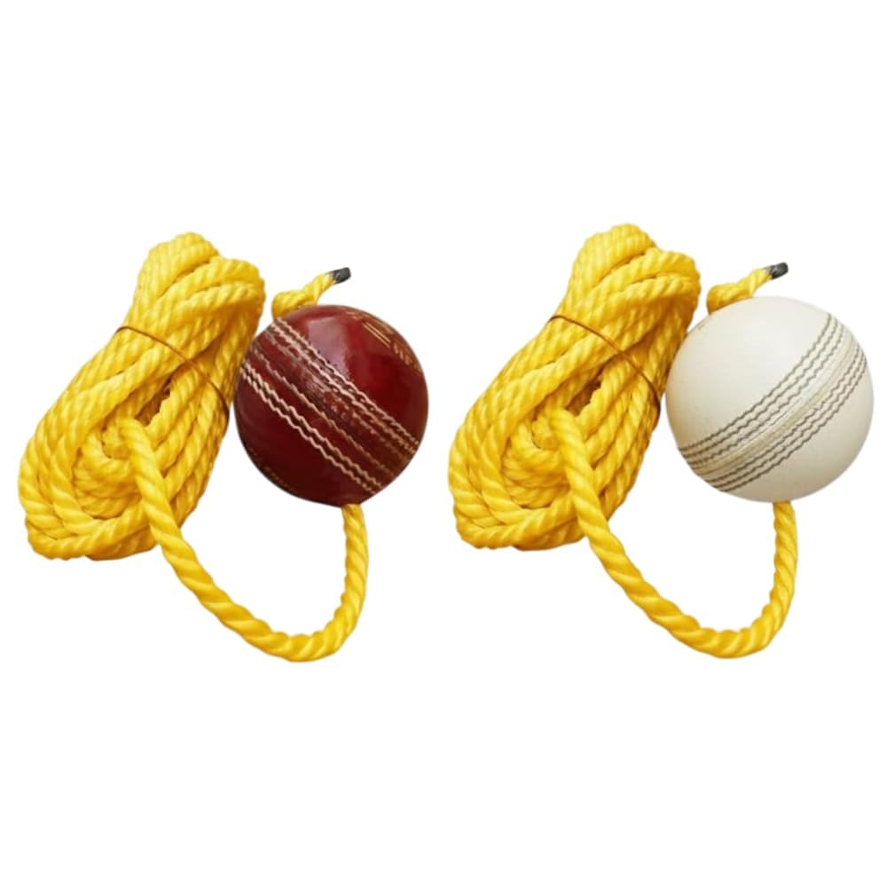 Leather Cricket Shot Practice Hanging Ball, String Cricket Ball and Knocking Cricket Ball with Rope, Red and White Pack 2-image-22