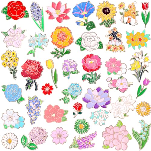 giegxin 40 pcs flower enamel pins for backpacks floral lapel pins bulk cute wildflower rose spring sunflower tulip lily hydrangeas brooch for women girl hat clothes bags accessories gifts