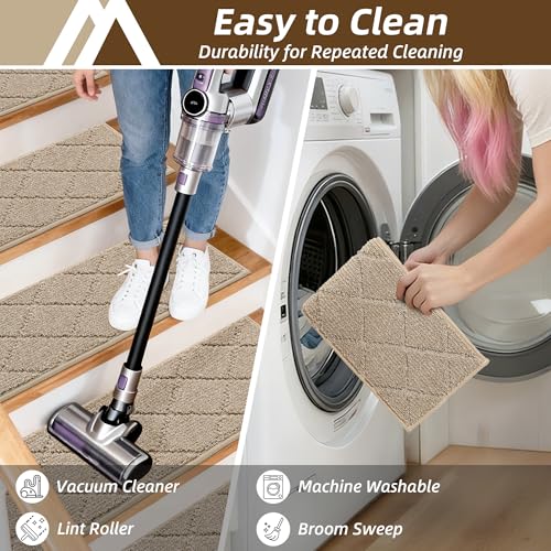 Image of COSY HOMEER Edging Stair Treads Non-Slip Carpet Mat 28inX9in Indoor Stair Runners for Wooden Steps, Edging Stair Rugs for Kids and Dogs, 100% Polyester TPE Backing(4pc, Beige)