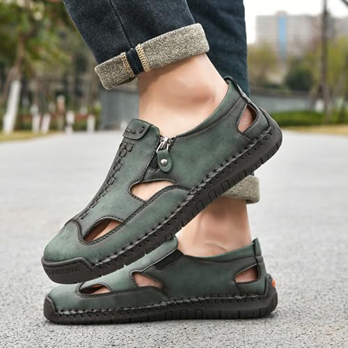Men's Closed-Toe Leather Fisherman Sandals Slip-On | Breathable Comfortable Casual Moccasin Loafers for Summer Outdoor Driving & Walking | Side Zipper Hand-Sewn2