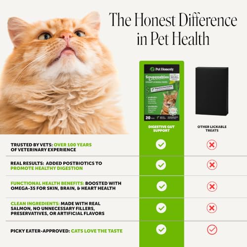 Image of Cat Probiotic Lickable Treats for Digestive Health - Squeezable Puree Pouches for Cats - Feline Constipation + Promotes Stool Regularity, Prebiotics Fiber Gut Flora Sensitive Stomach (Salmon, 20 Ct)
