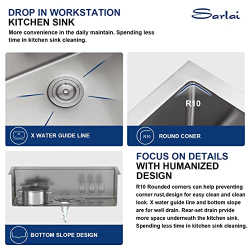 28 Drop Kitchen Sink Workstation - Sarlai 28 "X 22" Kitchen Sink Stainless Steel 16 Gauge Ledge Workstation Sink Drop-In Topmount Single Bowl Single Bowl Sink #TOP5