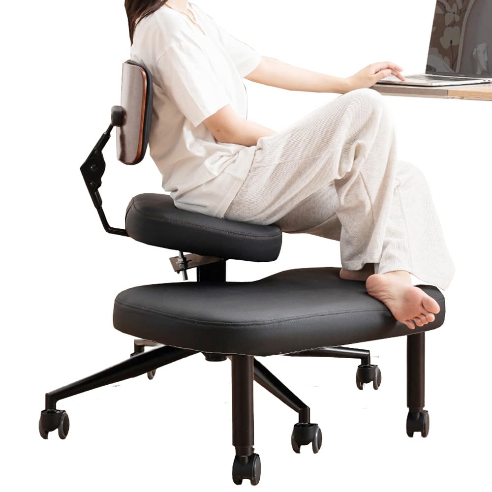 Chaise genoux ergonomique avec dossier, tabouret réglable pour une meilleure posture, assise rembourrée avec roulettes, noire