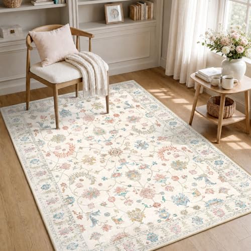 Image of INOVADAY Washable Rug Living Room 80x150cm Non Slip Low Pile Vintage Boho Area Rug for Hall Lounge Bedroom Kitchen Office Dining Room Indoor Hallway Cream White