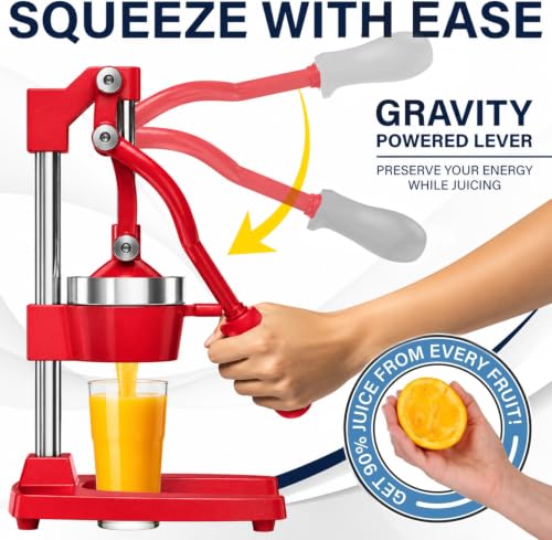 Image of Eurolux Ultra-Premium Cast Iron Juicer | Extra-Large, Heavy Duty, Commercial Grade, Stainless Steel Manual Hand Press Citrus Squeezer For Fresh Orange Juice, Pomegranate, Lemon, and Much More (Red)