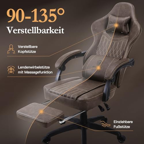 Sedia da gioco con cuscino primaverile, da corsa, da ufficio, con massaggio, ergonomica, con poggiapiedi, in pelle PU (marrone) - Sedia gaming - Immagine 6