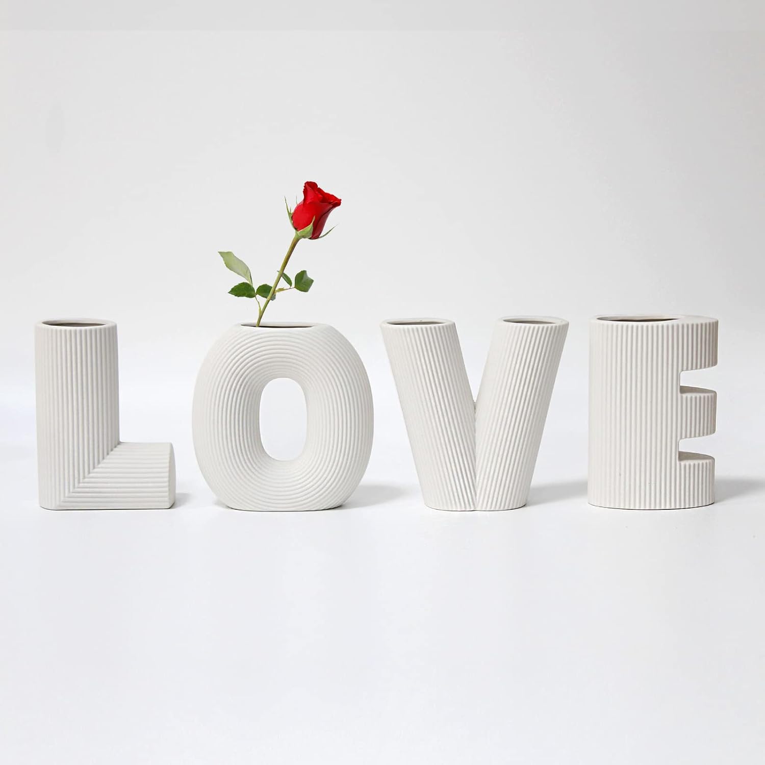 4-Piece White Ceramic Modern Minimalist Design Decorative Love Letter Vases Set, Wedding Party Home Decor