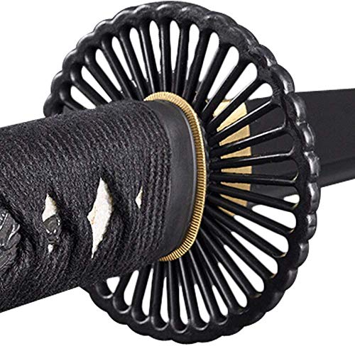 Handmade Sword - Functional Samurai Katana Sword, 1045 Carbon Steel, Hand Forged Heat Tempered, Full Tang, Sharp, Empire Wheel Tsuba, Brown Scabbard