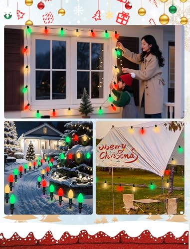Image of 50Ft C9 LED Christmas Lights Outdoor, Vintage Christmas String Light Plug in with 52 Shatterproof C9 Red White Green Bulbs Christmas Decorations Lights for Indoor Christmas Tree Patio Roofline Party
