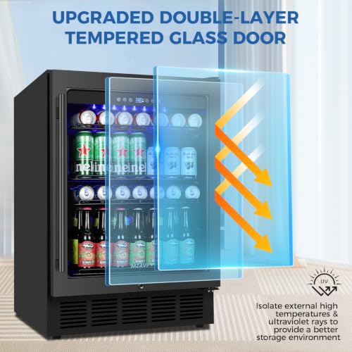 Image of 24 Inch Beverage Refrigerator Under Counter, Drink Fridge 180 Cans Large Capacity with Glass Door, 38dB Whisper Quiet Beverage Cooler Built-in for Home Bar Office, Memory Function for Beer Soda, Black