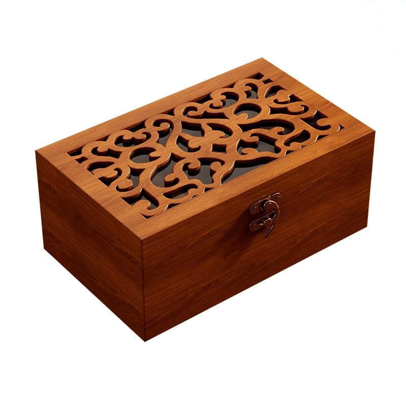 Caja de costura de madera con compartimentos multifuncional y tapa hueca tallada