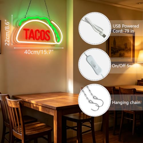 Image of Tacos Neon Signs for Wall Decor Neon Lights for Tortilla Shop Led Signs Suitable for Mexican Restaurant Bar Unique Gift for Lover 5V Usb Power 15.8 * 8.7 Inch(Red + Green + Warm White)